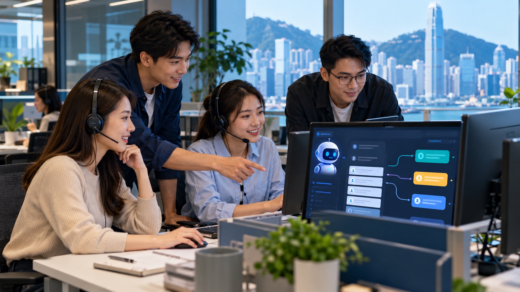 Asian customer service team testing a low-risk AI enquiry assistant