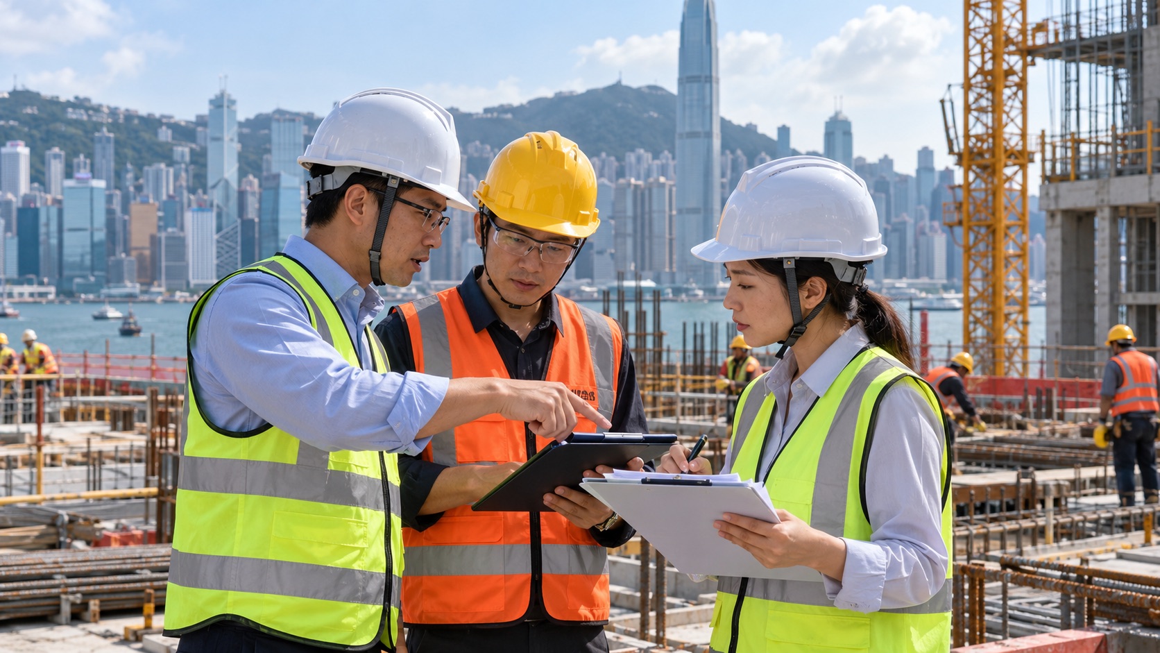 Asian site team conducting a construction safety and quality review