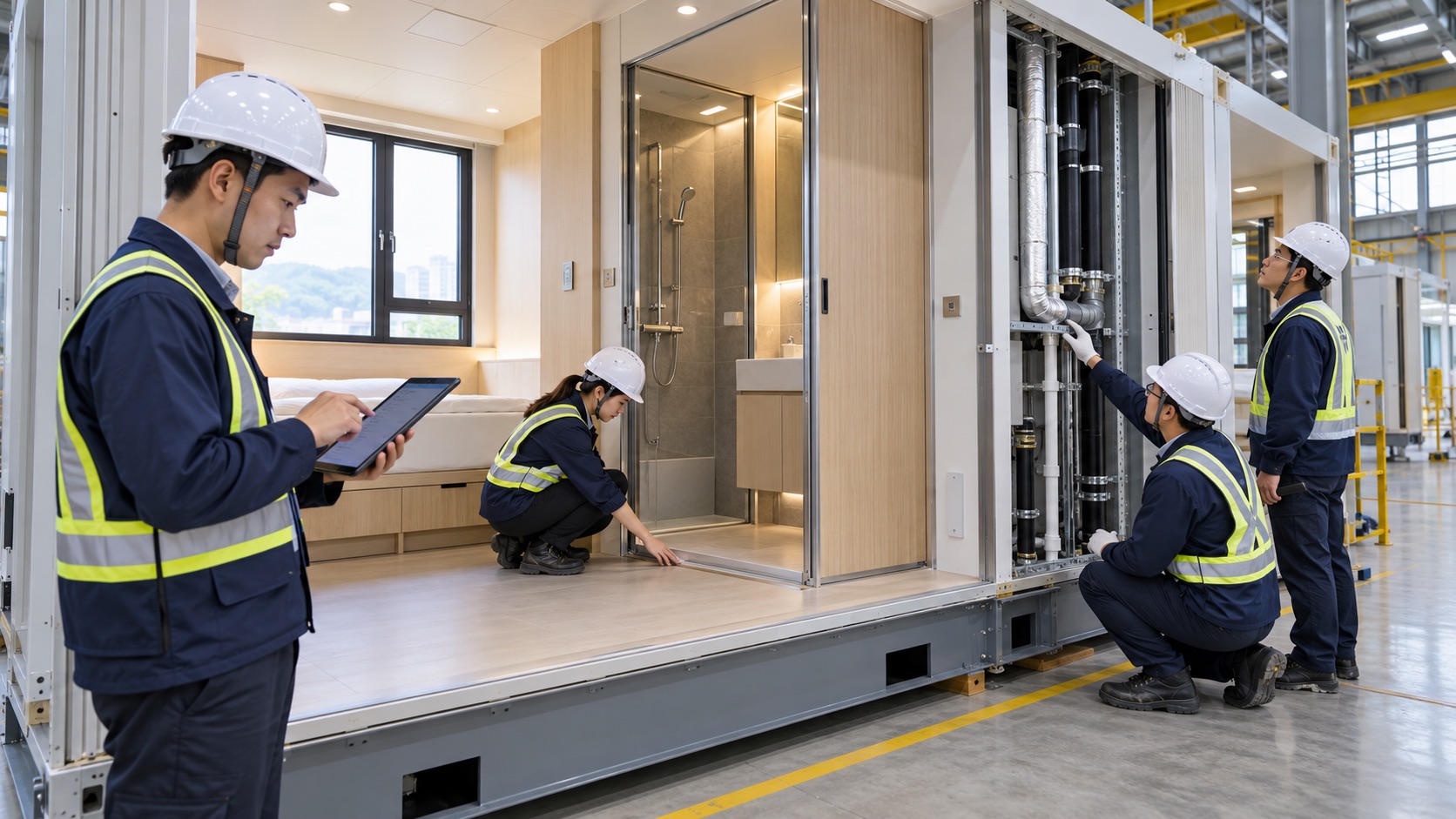 Asian inspectors checking finishes and service interfaces in a modular room