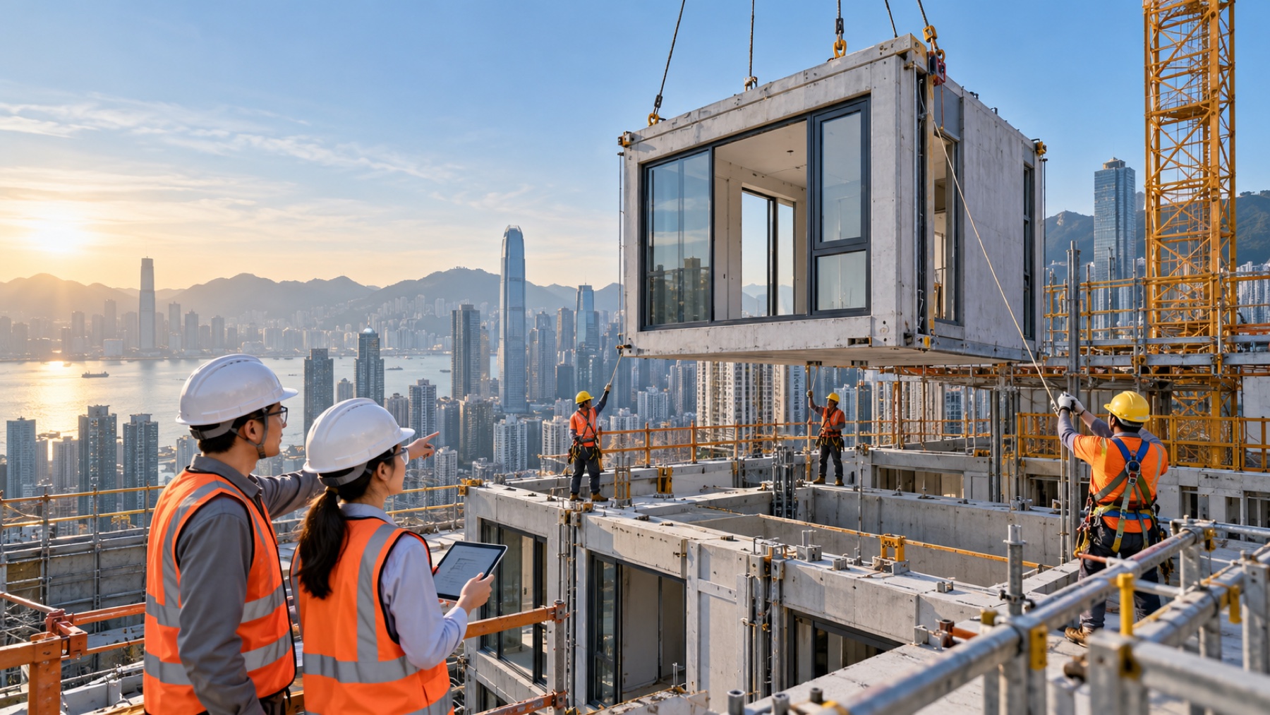 Asian engineers coordinating modular construction at a Hong Kong building site