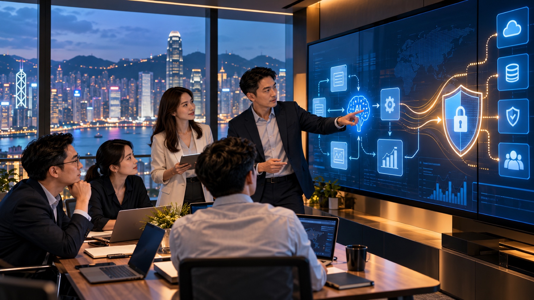 Asian SME team mapping secure AI workflows in a Hong Kong office